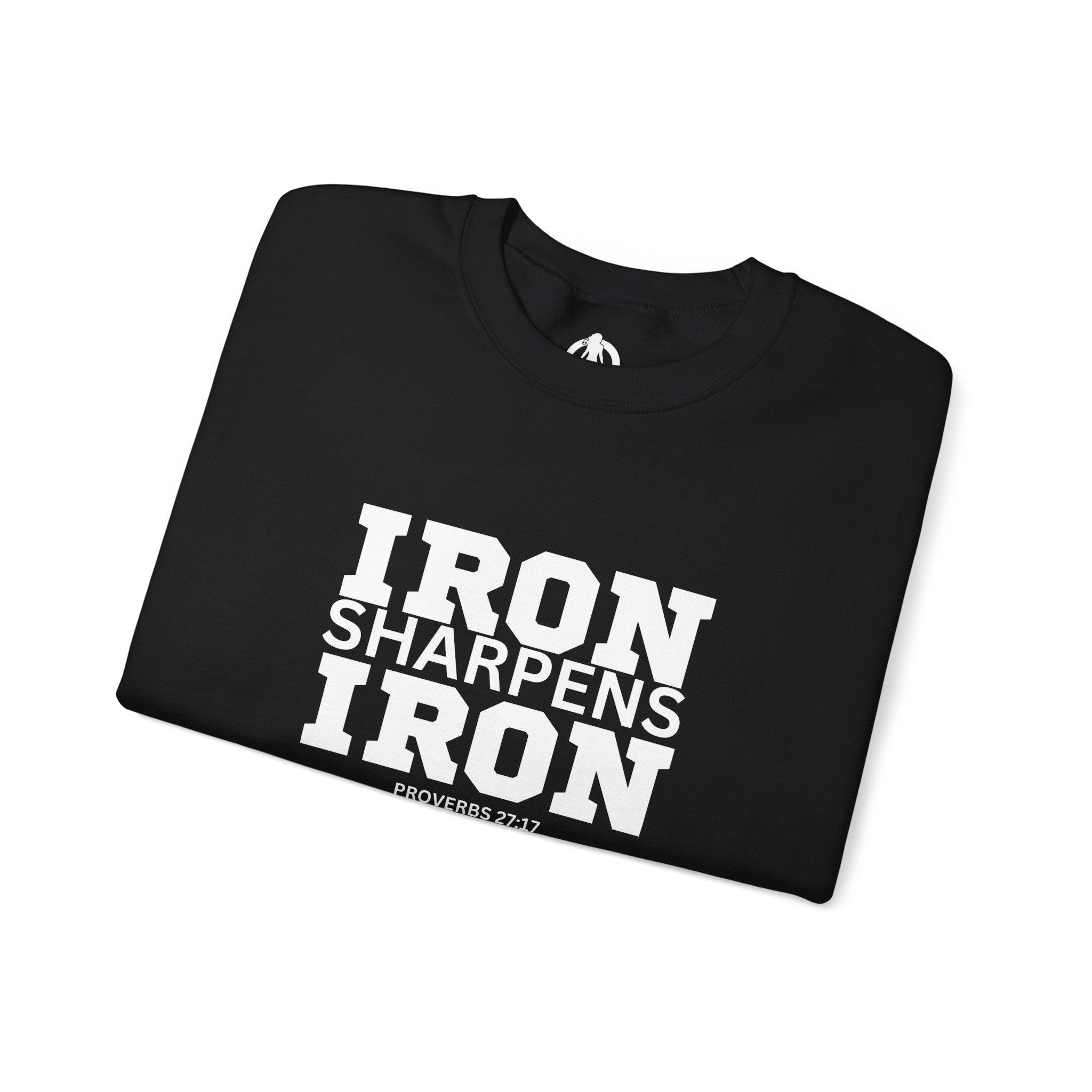Iron Sharpens Iron - Unisex Heavy Blend™ Crewneck Sweatshirt - Front White Logo - Plain Back