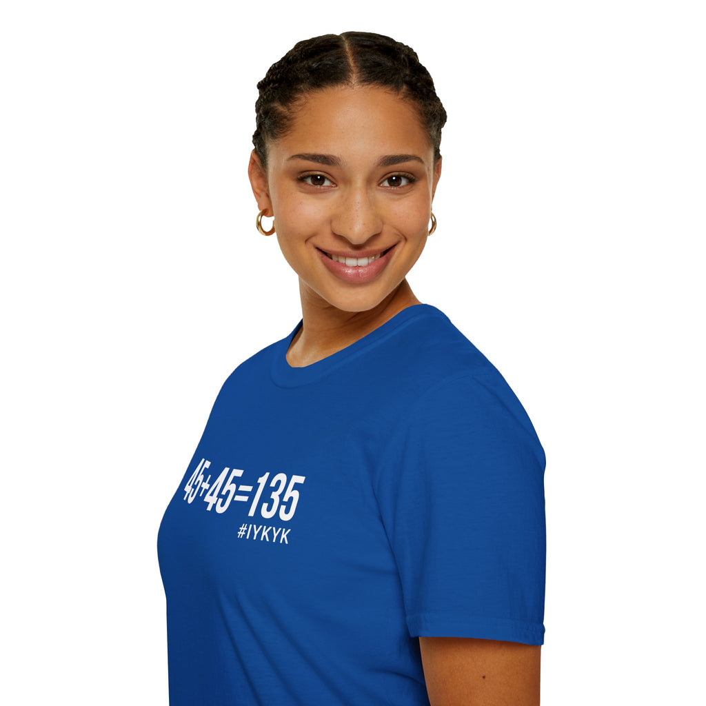 45 + 45 = 135  - Unisex Softstyle T-Shirt - Print on Front Plain Back