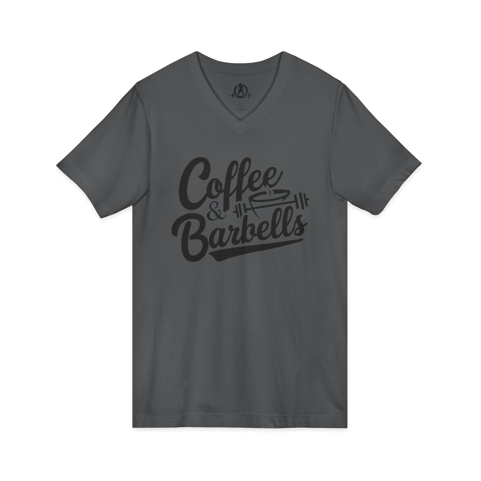 Coffee & Barbells - Unisex Jersey Short Sleeve V-Neck Tee - Black Logo Plain Back