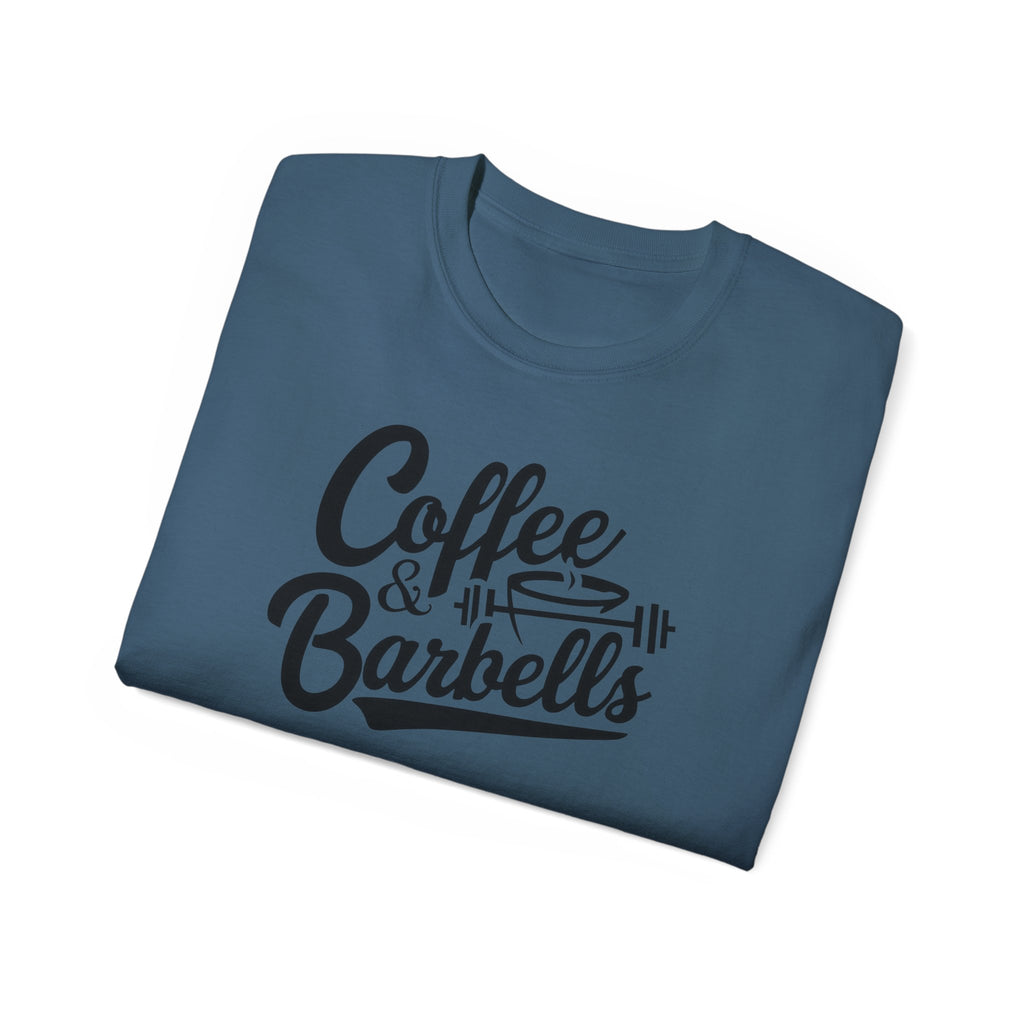 Coffee & Barbells - Unisex Ultra Cotton Tee - Front Black Logo - Plain Back