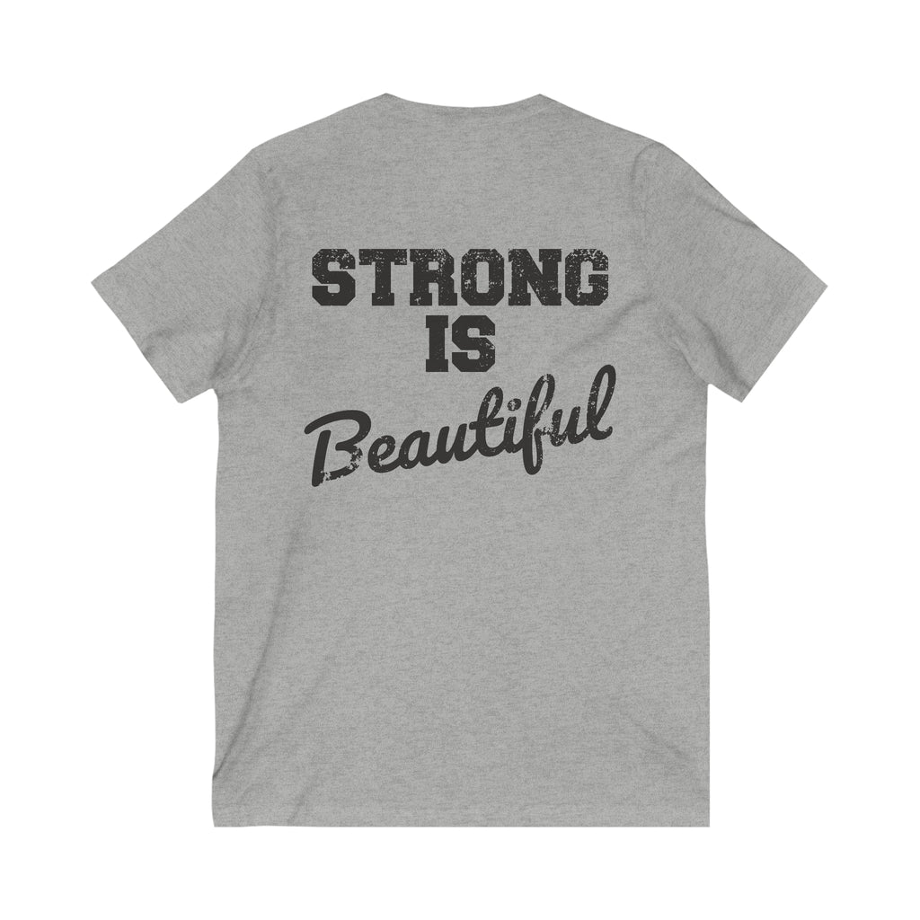 Strong Is Beautiful - Distressed Black Logo - Unisex Jersey Short Sleeve V-Neck Tee