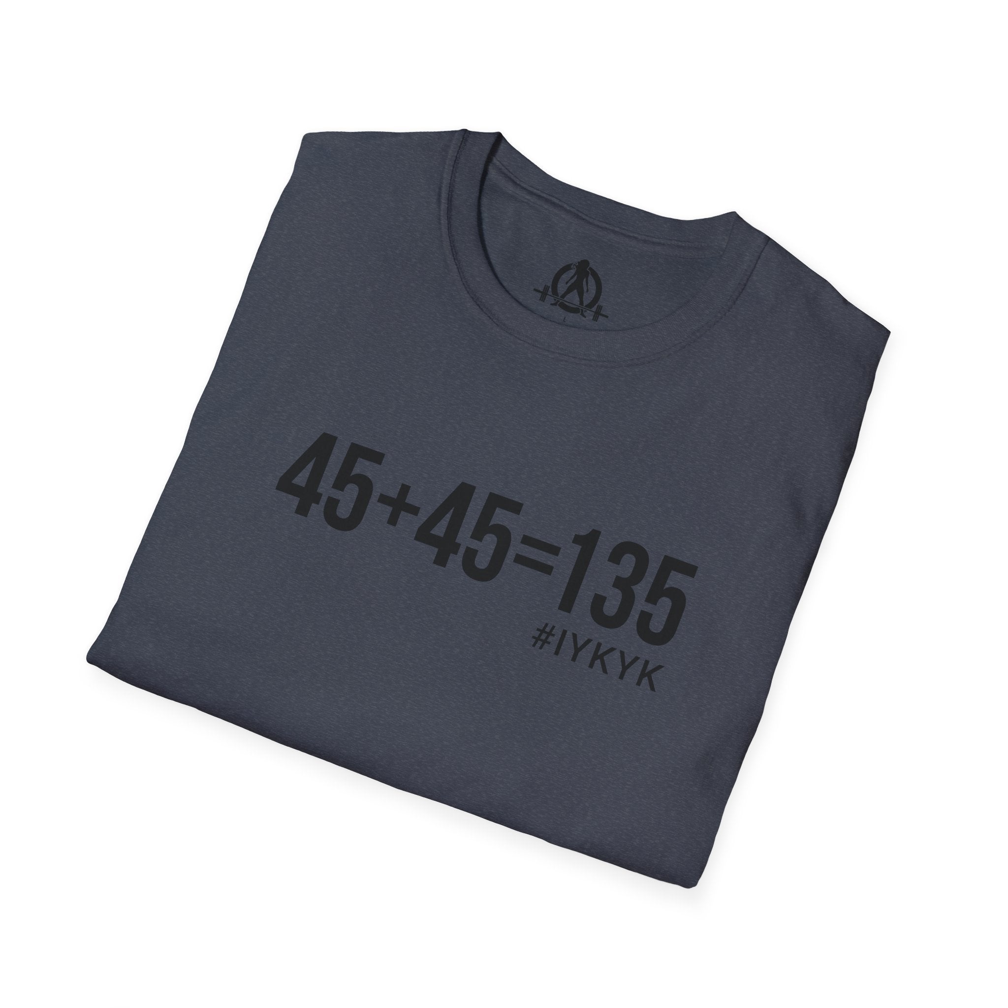 45 + 45 = 135 - Unisex Softstyle T-Shirt - Black Print on Front Plain Back