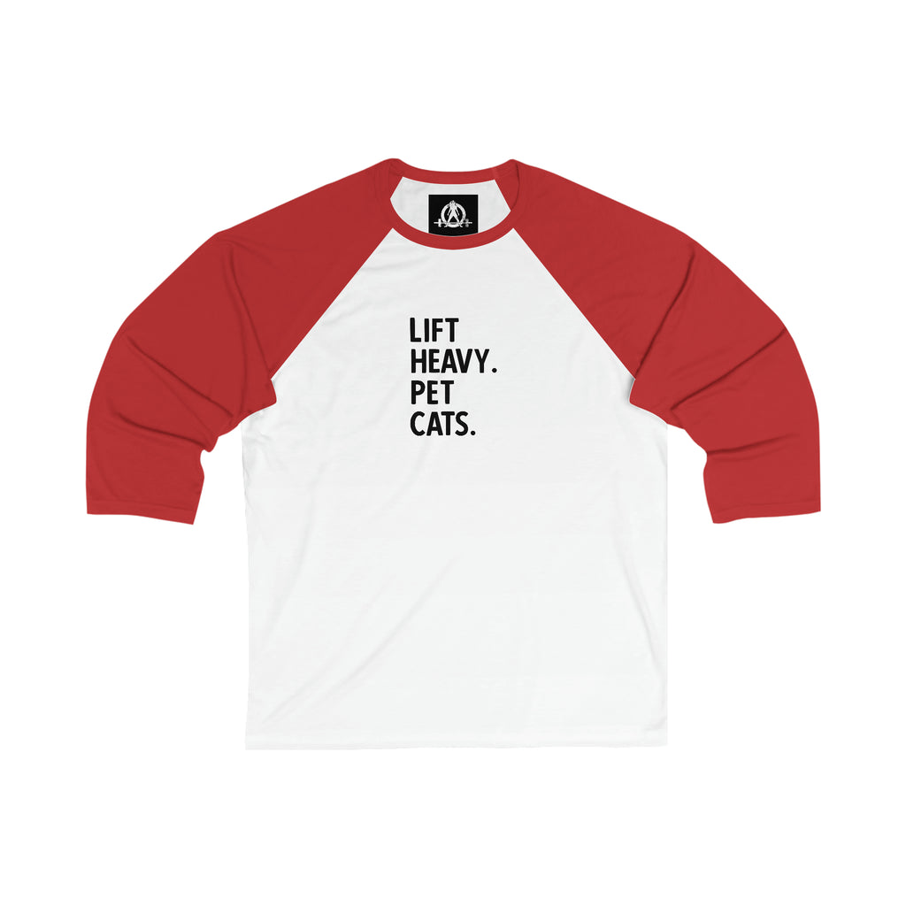 Unisex 3\4 Sleeve Baseball Tee - Lift Heavy Pet Cats - Black Logo