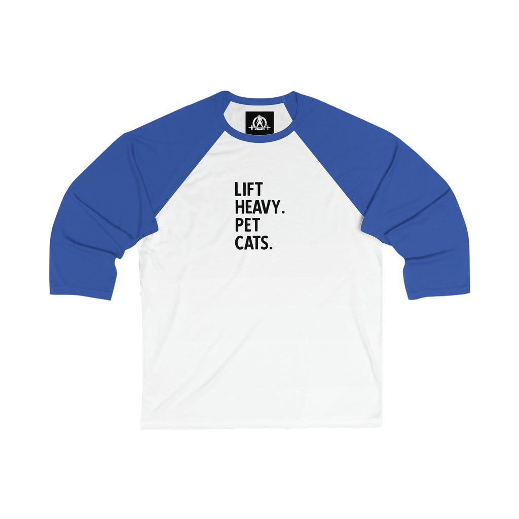 Unisex 3\4 Sleeve Baseball Tee - Lift Heavy Pet Cats - Black Logo