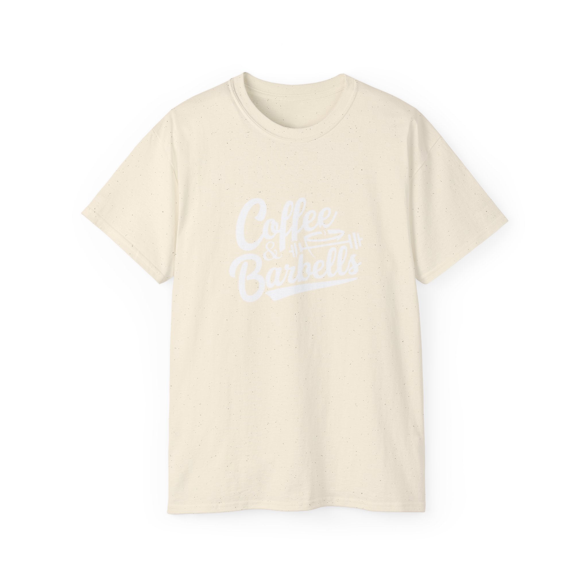 Coffee & Barbells - Unisex Ultra Cotton Tee - Front White Logo - Plain Back