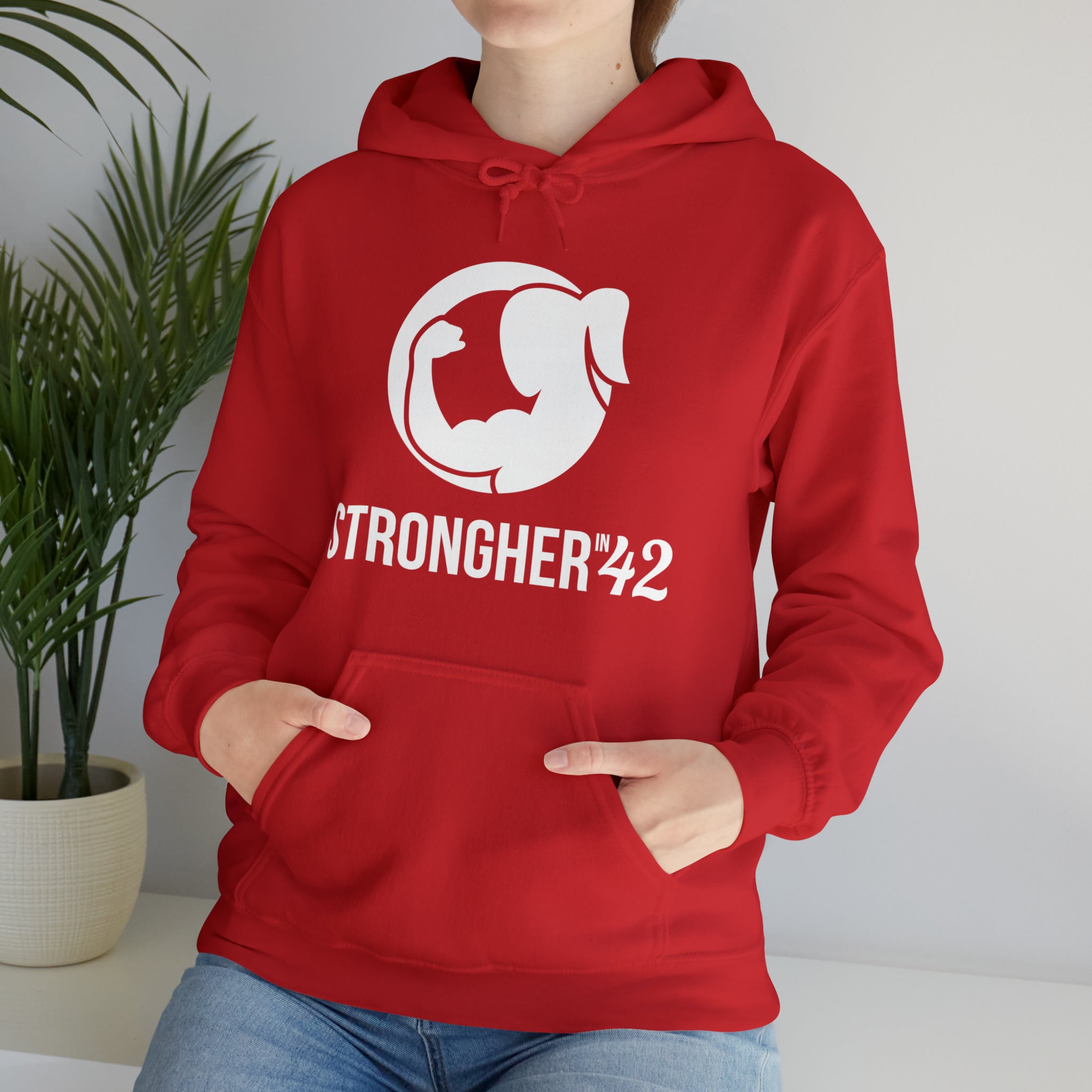 Strong Her in 42 - Classic Logo White - Unisex Heavy Blend Hooded Sweatshirt