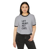 Lift Heavy Pet Cats - Unisex Cotton Ringer T-Shirt - Black Logo Front Plain Back