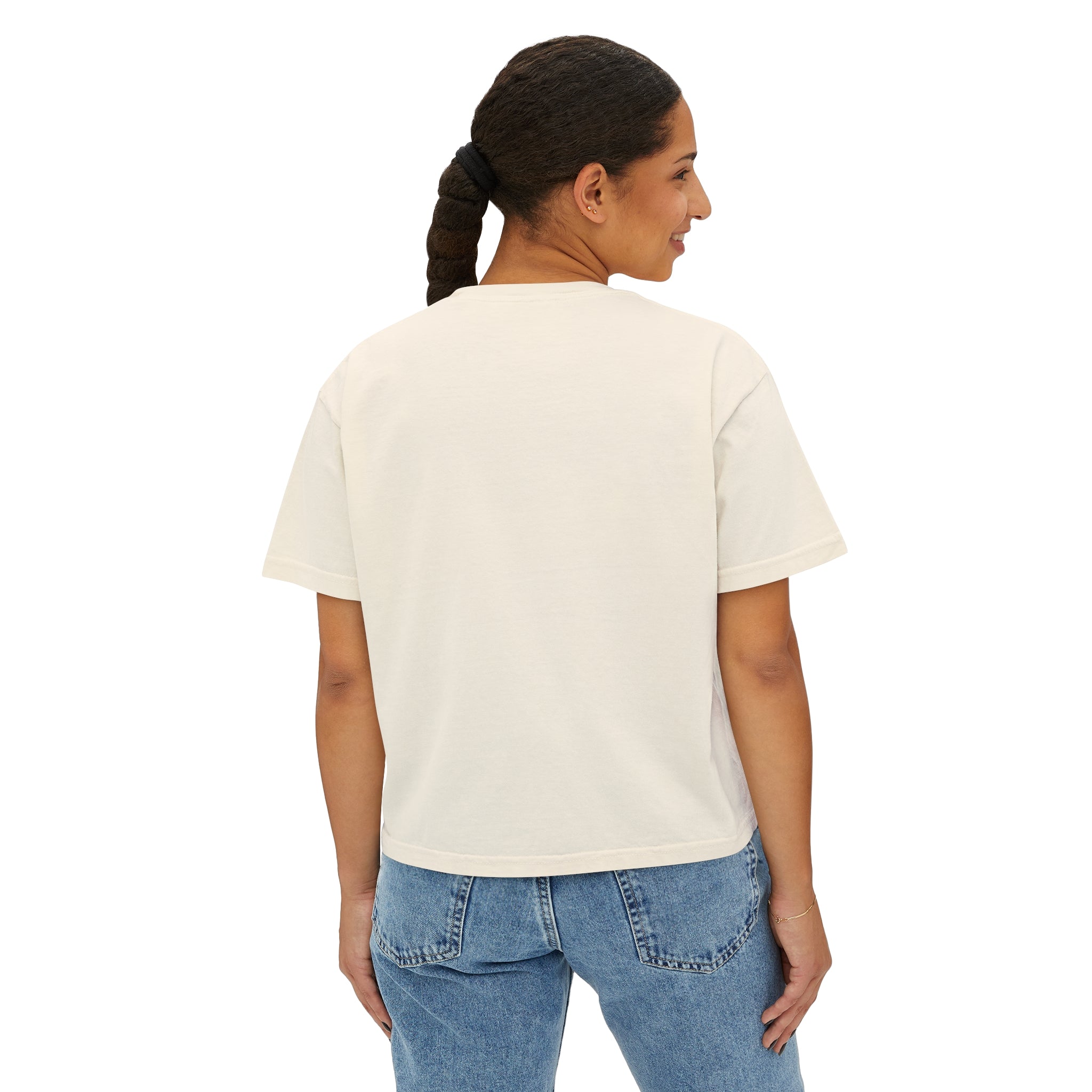 Women's Boxy Tee - White Distressed Logo Front Plain Back