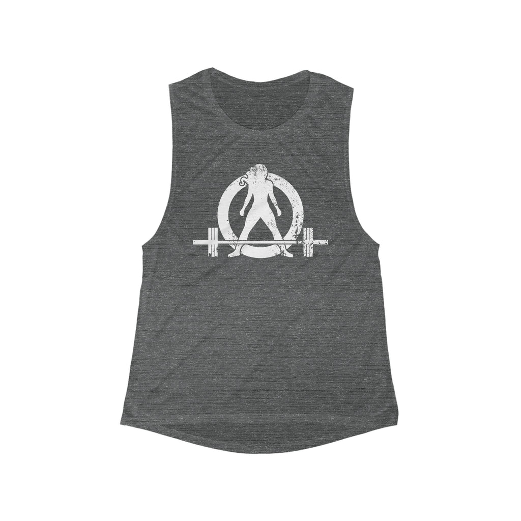 Women's Flowy Scoop Muscle Tank - White Distressed Logo