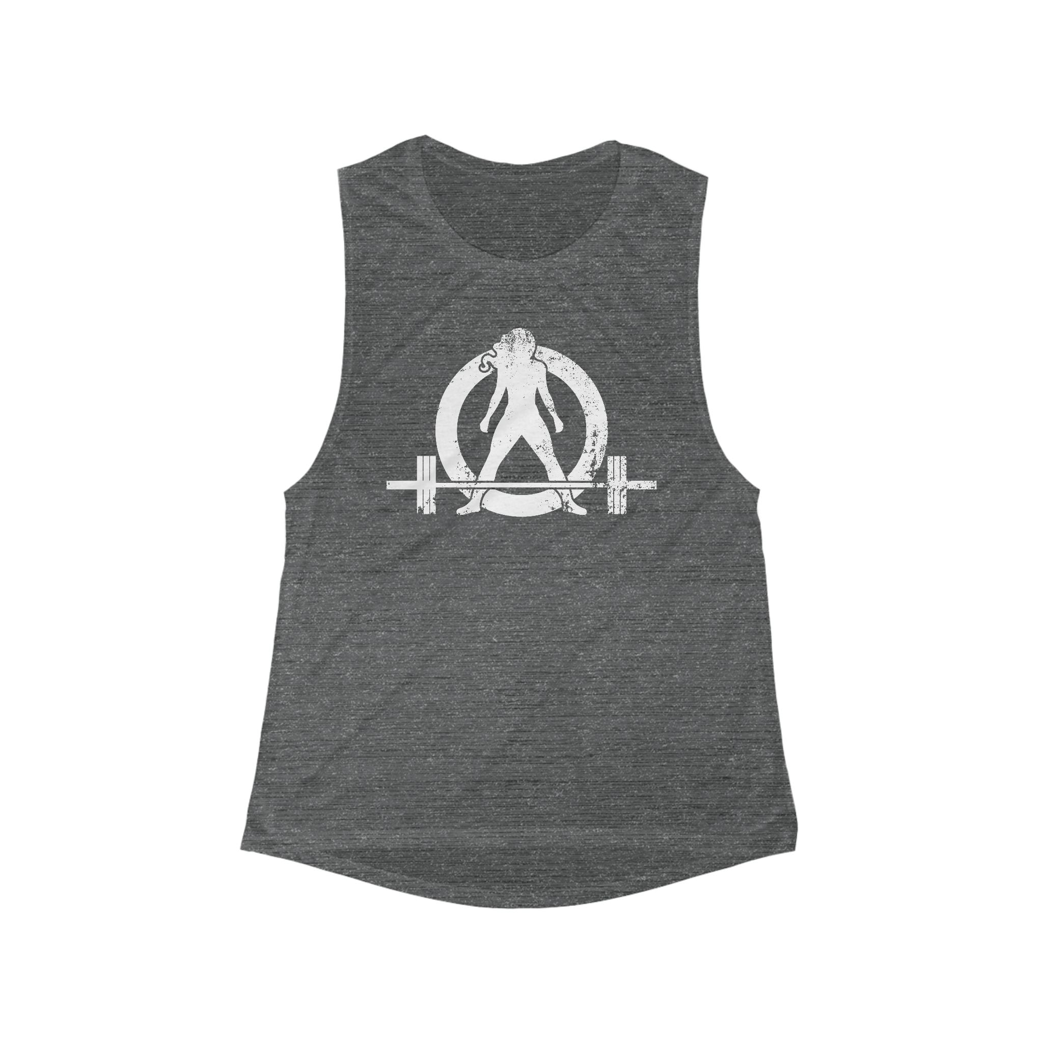 Women's Flowy Scoop Muscle Tank - White Distressed Logo