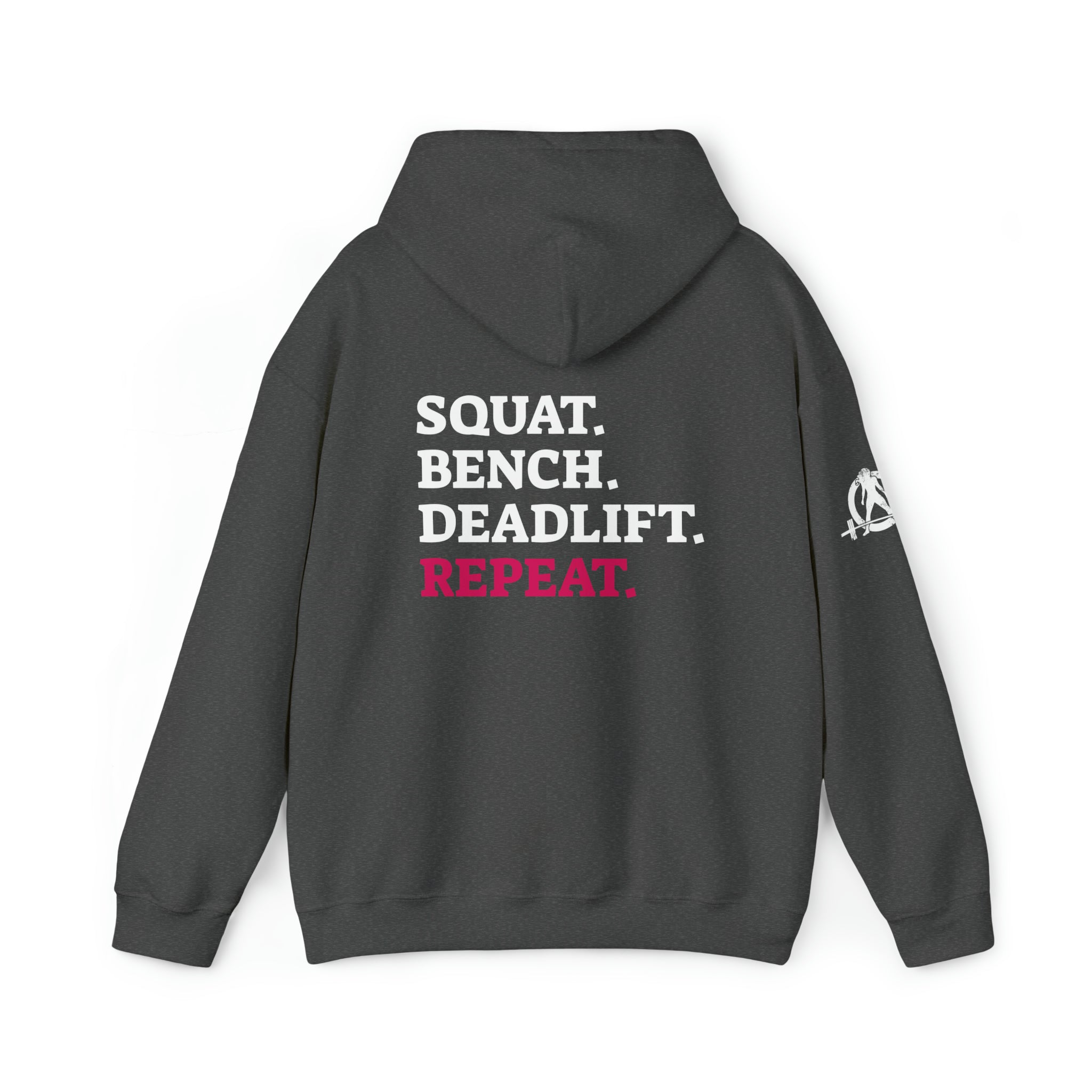 Squat Bench Deadlift Repeat - Unisex Heavy Blend Hooded Sweatshirt - Dark White Logo - Pink - SBDR on BACK
