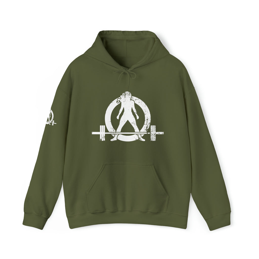 Squat Bench Deadlift Repeat - Unisex Heavy Blend Hooded Sweatshirt - Dark White Logo - Pink - SBDR on BACK
