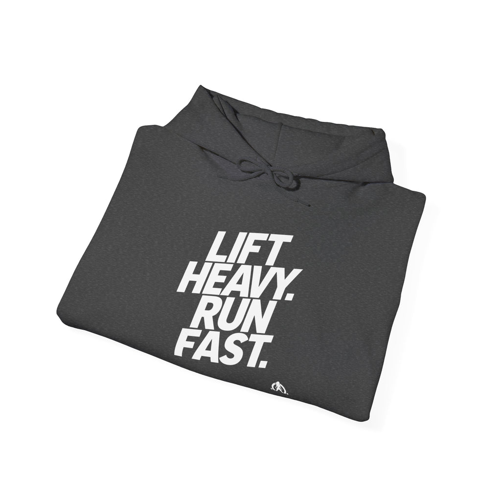 Lift Heavy Run Fast - Unisex Heavy Blend Hooded Sweatshirt - Front White Logo