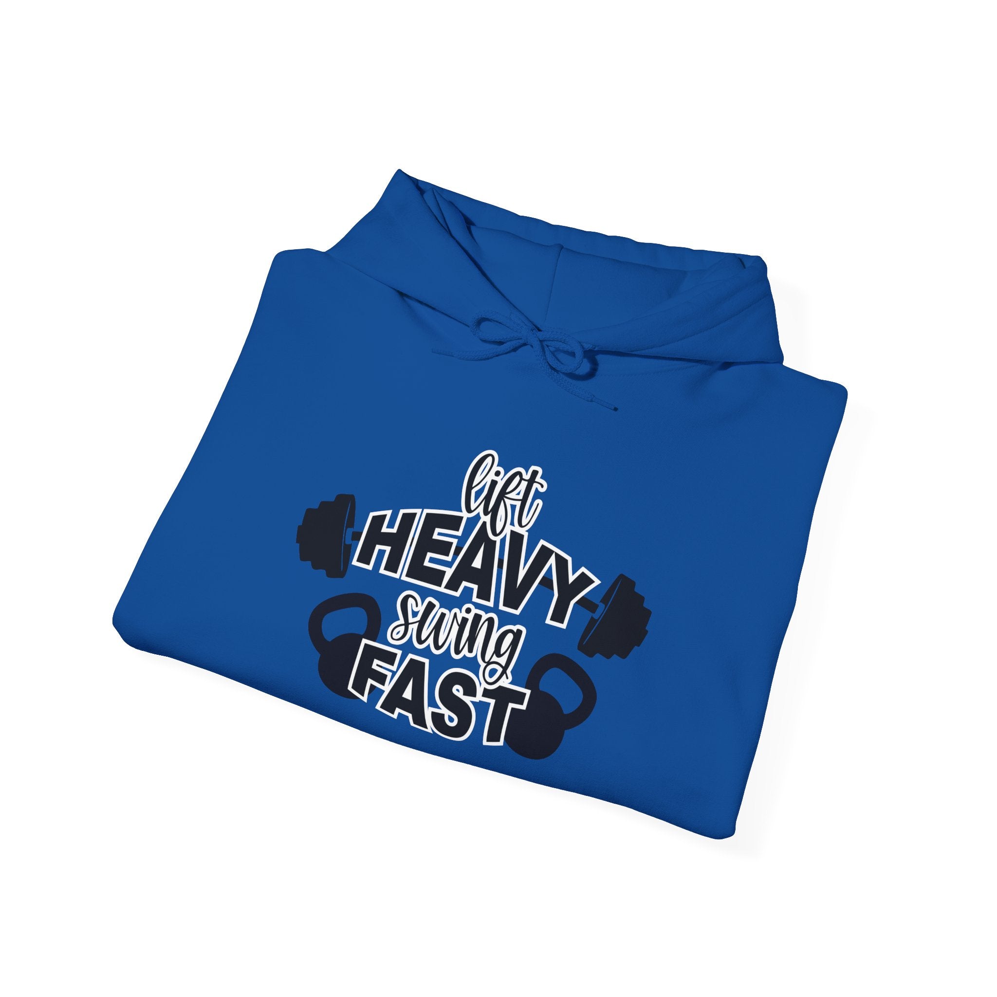 Lift Heavy Swing Fast - Unisex Heavy Blend Hooded Sweatshirt - Black Logo - Right Shoulder - Plain Back