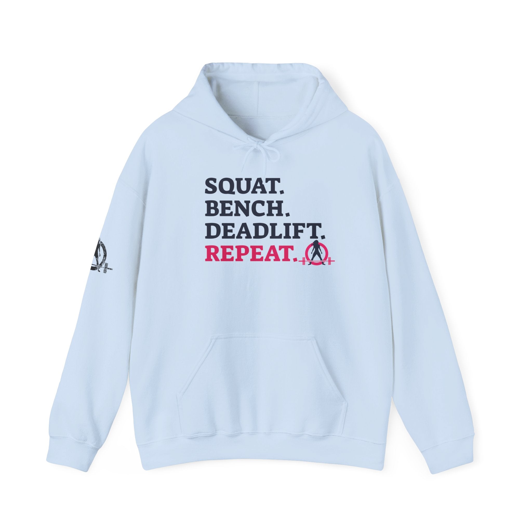 WWLW “Squat • Bench • Deadlift • Repeat” Hoodie - Front Dark Logo Plain Back