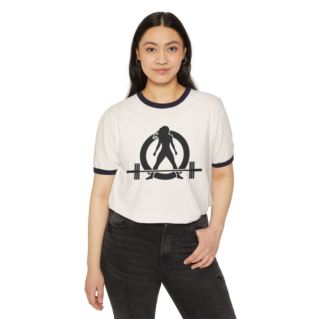 45 + 45 - Unisex Cotton Ringer T-Shirt - Black Logo Front & Back