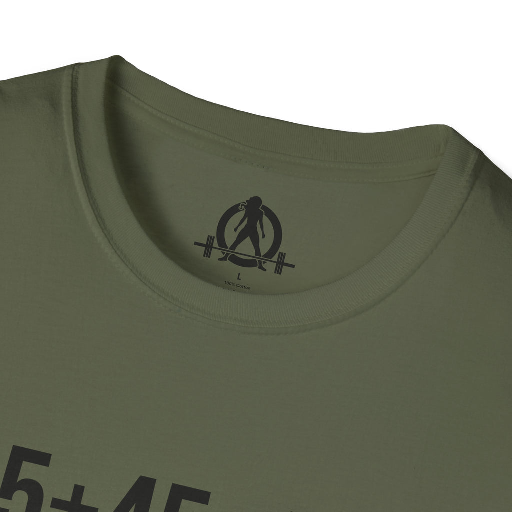 45 + 45 = 135 - Unisex Softstyle T-Shirt - Black Print on Front Plain Back