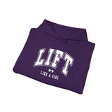 Lift Like.A Girl - Unisex Heavy Blend Hooded Sweatshirt - White Logo on Front & Right Sleeve