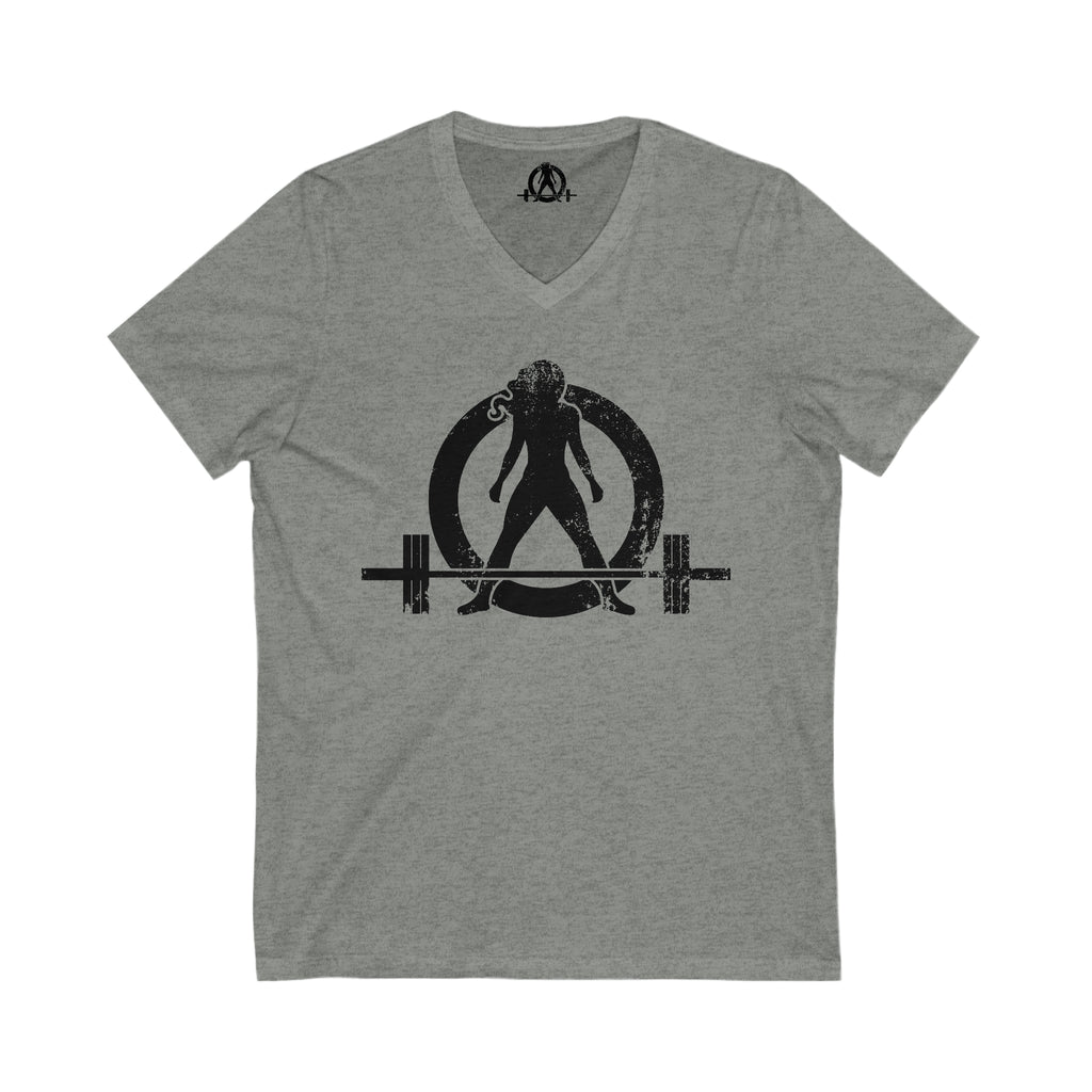 Unisex Jersey Short Sleeve V-Neck Tee -  Distressed Black Logo