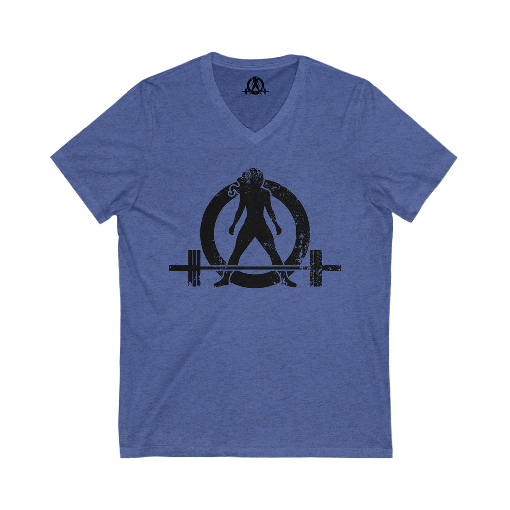 Unisex Jersey Short Sleeve V-Neck Tee -  Distressed Black Logo
