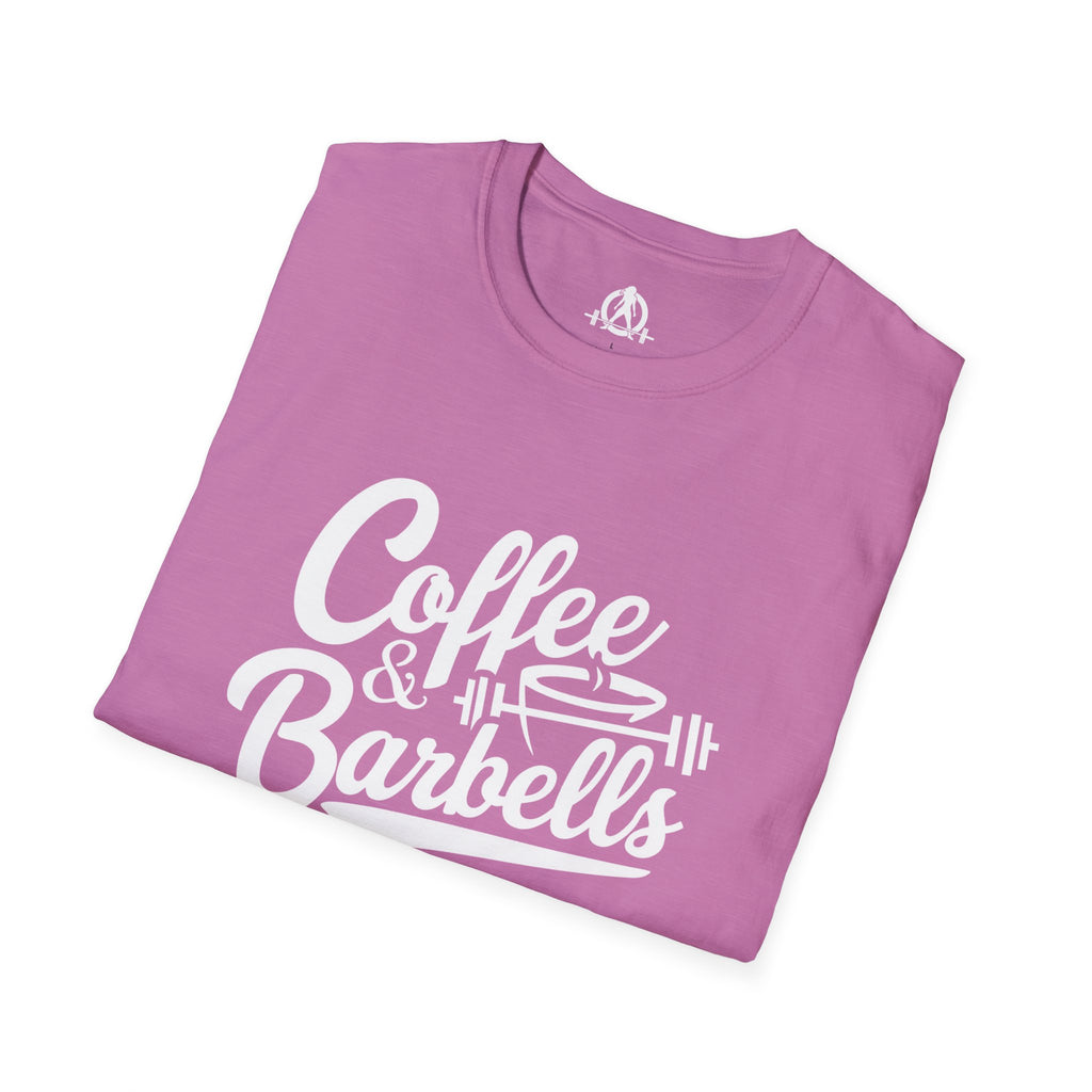 Coffee & Barbells - Unisex Softstyle T-Shirt - White Print on Front Plain Back