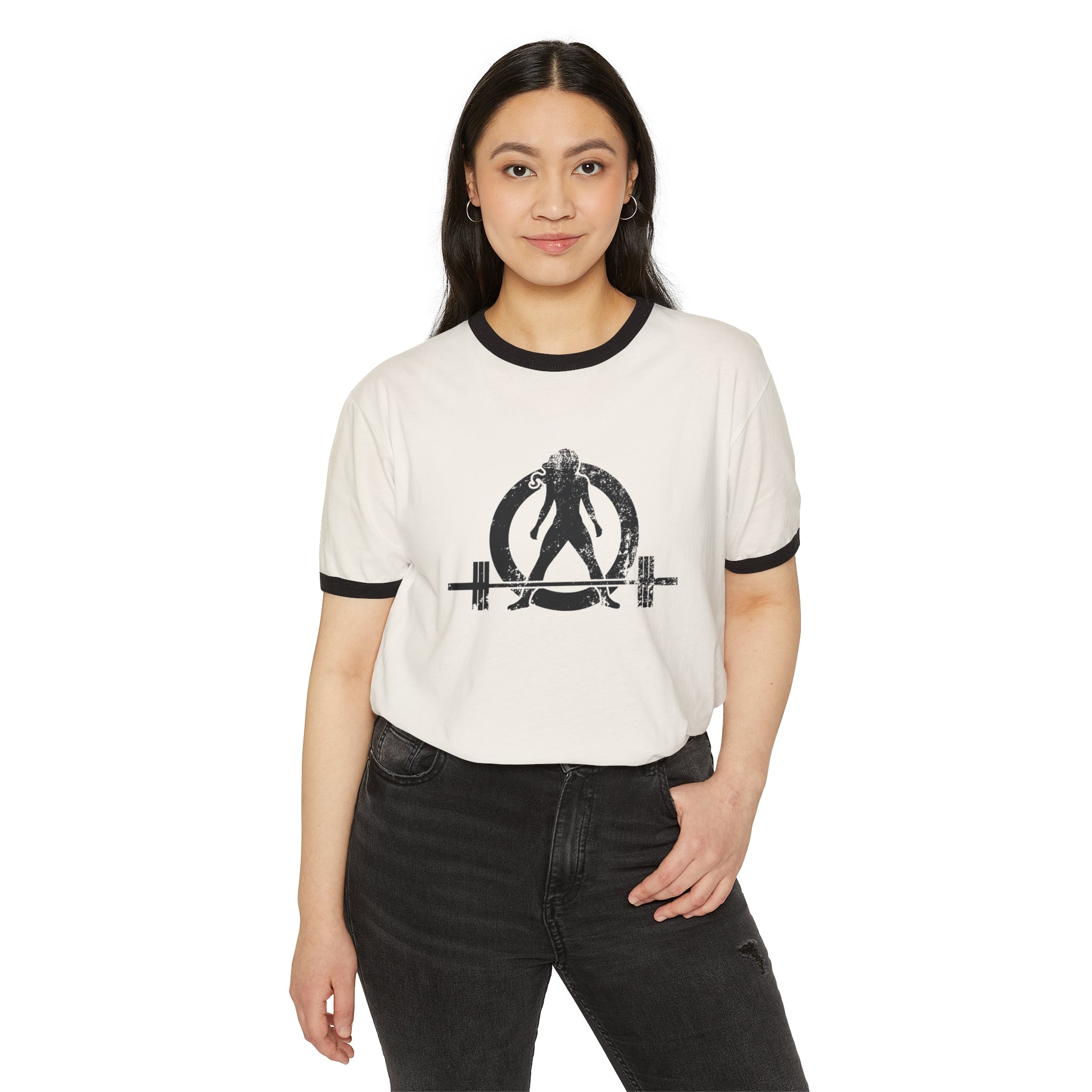 Kick Your Ass - Unisex Cotton Ringer T-Shirt - Black Distressed Logo Front & Back