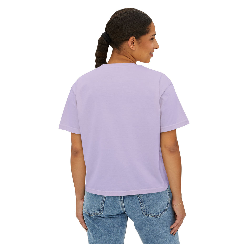 Women's Boxy Tee - White Distressed Logo Front Plain Back