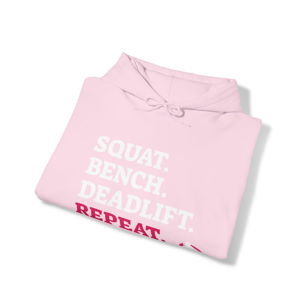 Squat Bench Deadlift Repeat - Unisex Heavy Blend Hooded Sweatshirt - Dark WWLW Logo - Pink - Plain Black