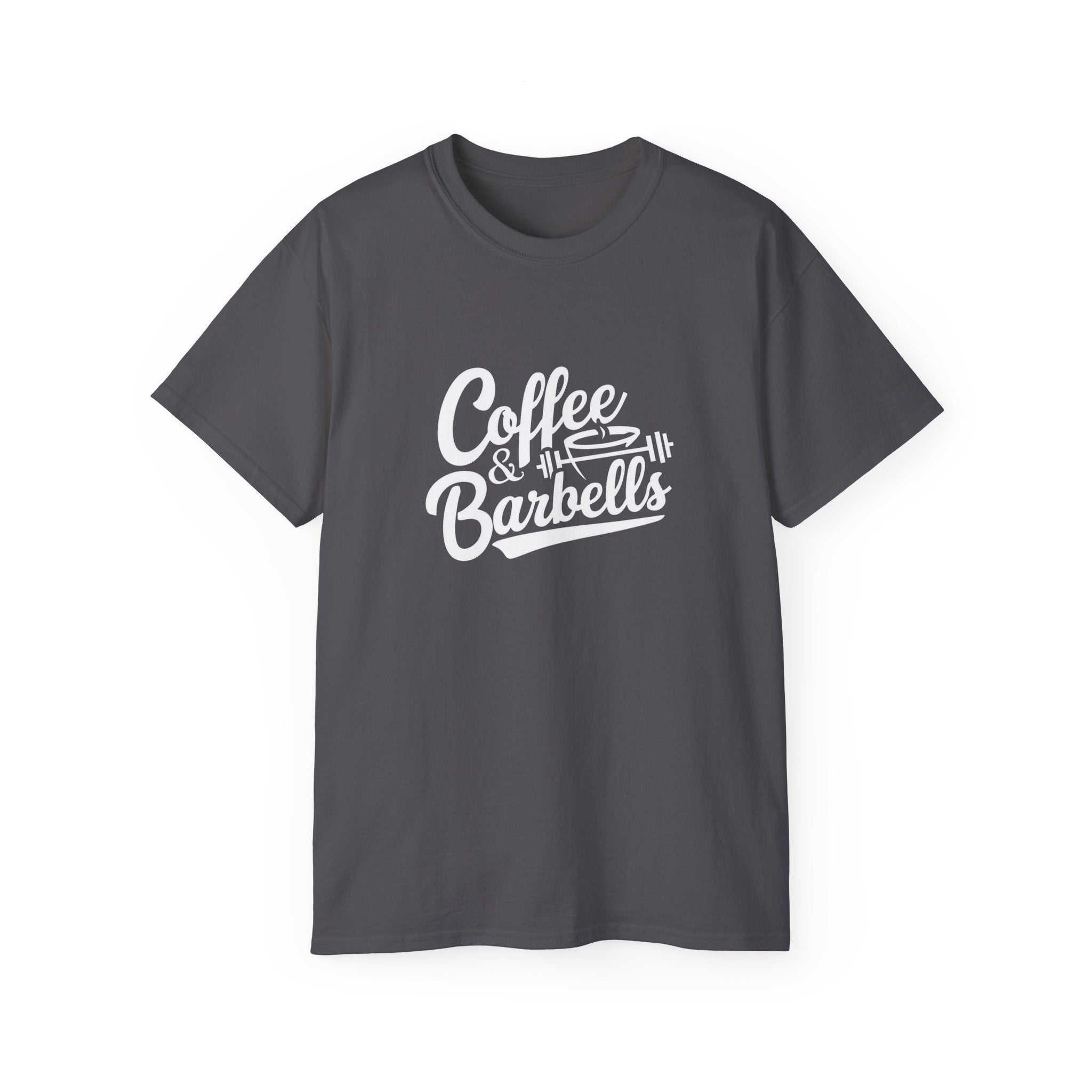 Coffee & Barbells - Unisex Ultra Cotton Tee - Front White Logo - Plain Back