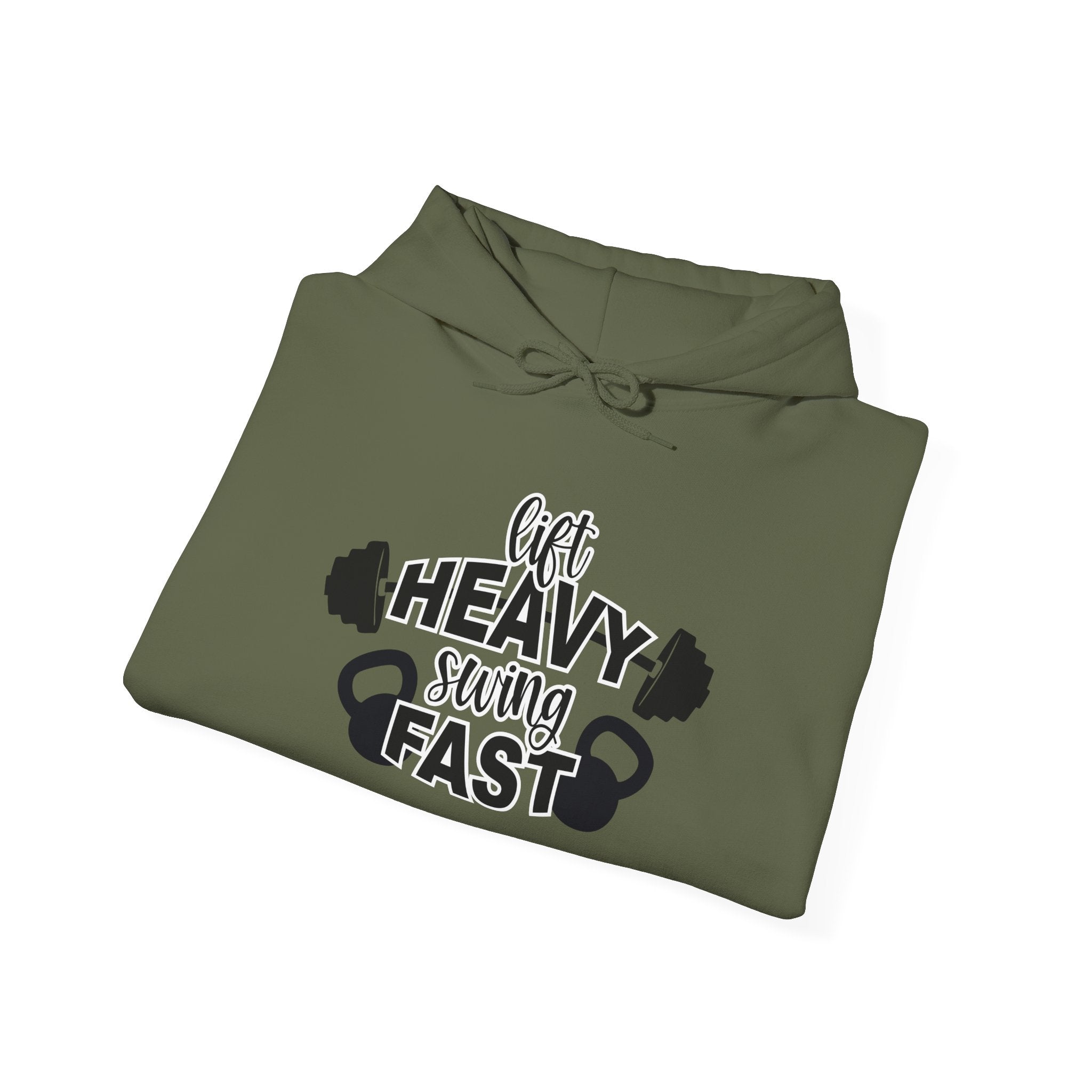 Lift Heavy Swing Fast - Unisex Heavy Blend Hooded Sweatshirt - Black Logo - Right Shoulder - Plain Back