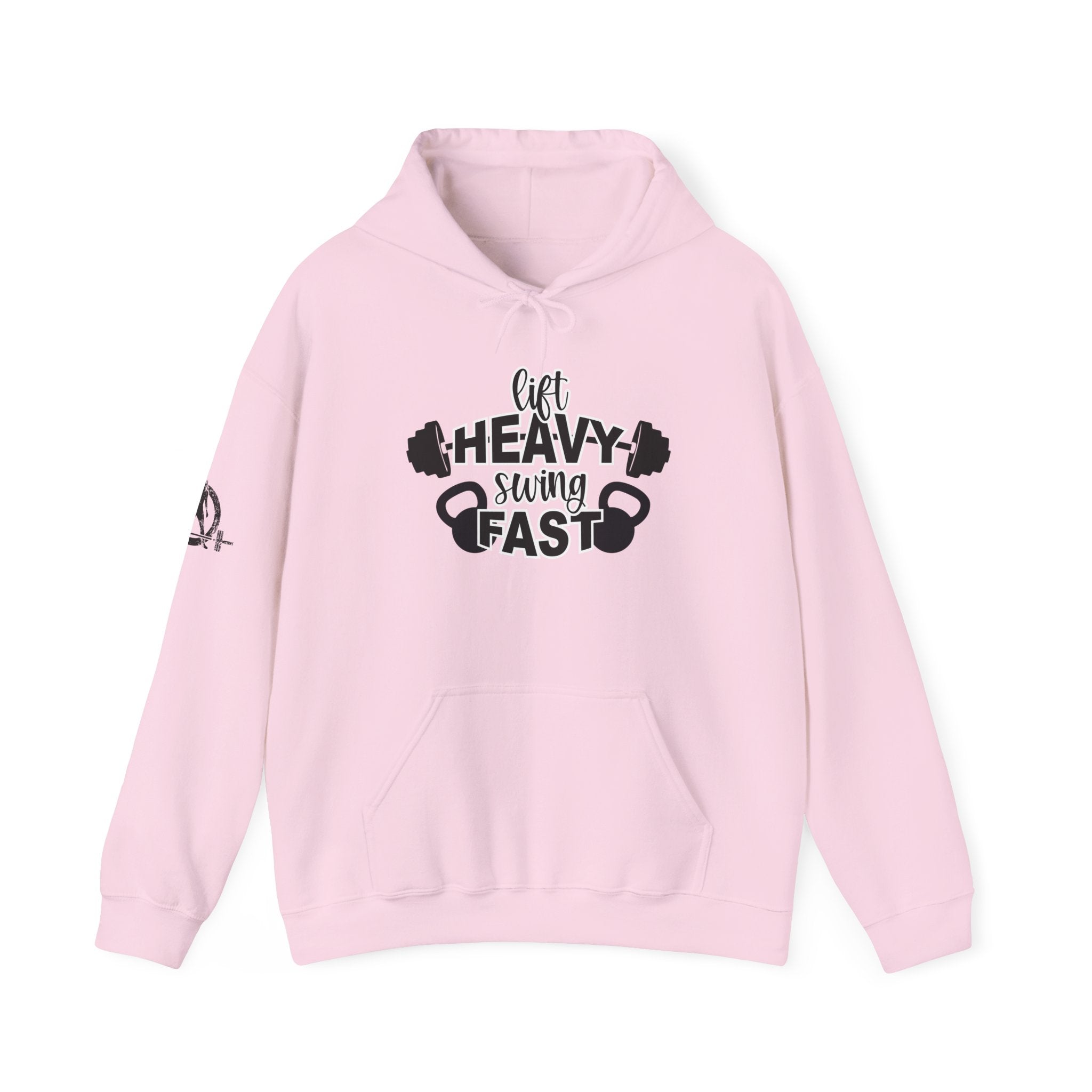 Lift Heavy Swing Fast - Unisex Heavy Blend Hooded Sweatshirt - Black Logo - Right Shoulder - Plain Back