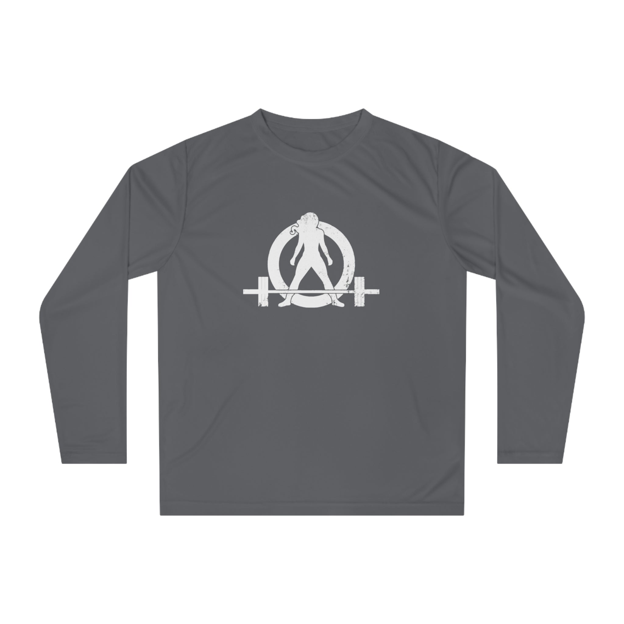 COFFEE and a Barbell - Unisex Performance Long Sleeve Shirt - Distressed White Logo