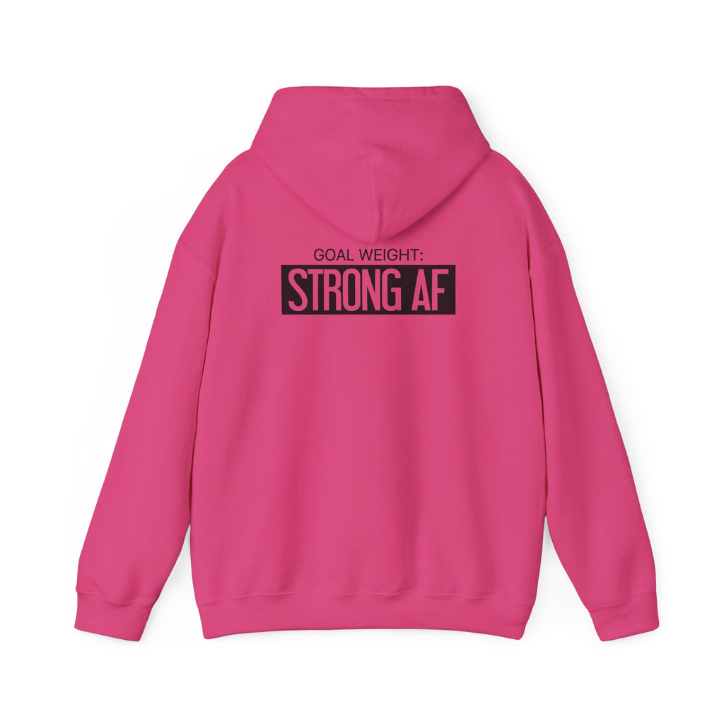 Goal Weight Strong AF – Unisex Heavy Blend™ Hooded Sweatshirt (Front & Back Black Logo) 🖤💪🔥