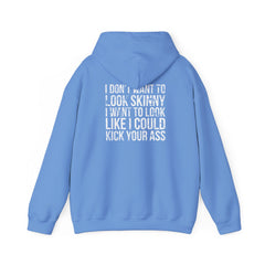 I DON’T WANT TO LOOK SKINNY – Unisex Heavy Blend™ Hooded Sweatshirt (Black Distressed Logo) 🖤💪🔥