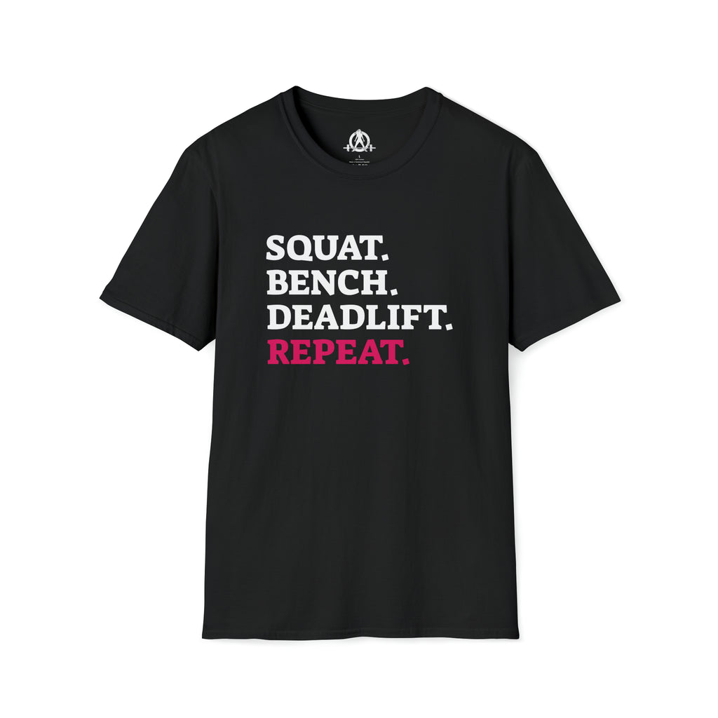 Squat Bench Deadlift Repeat - Unisex Softstyle T-Shirt - Black & Pink - Plain Back