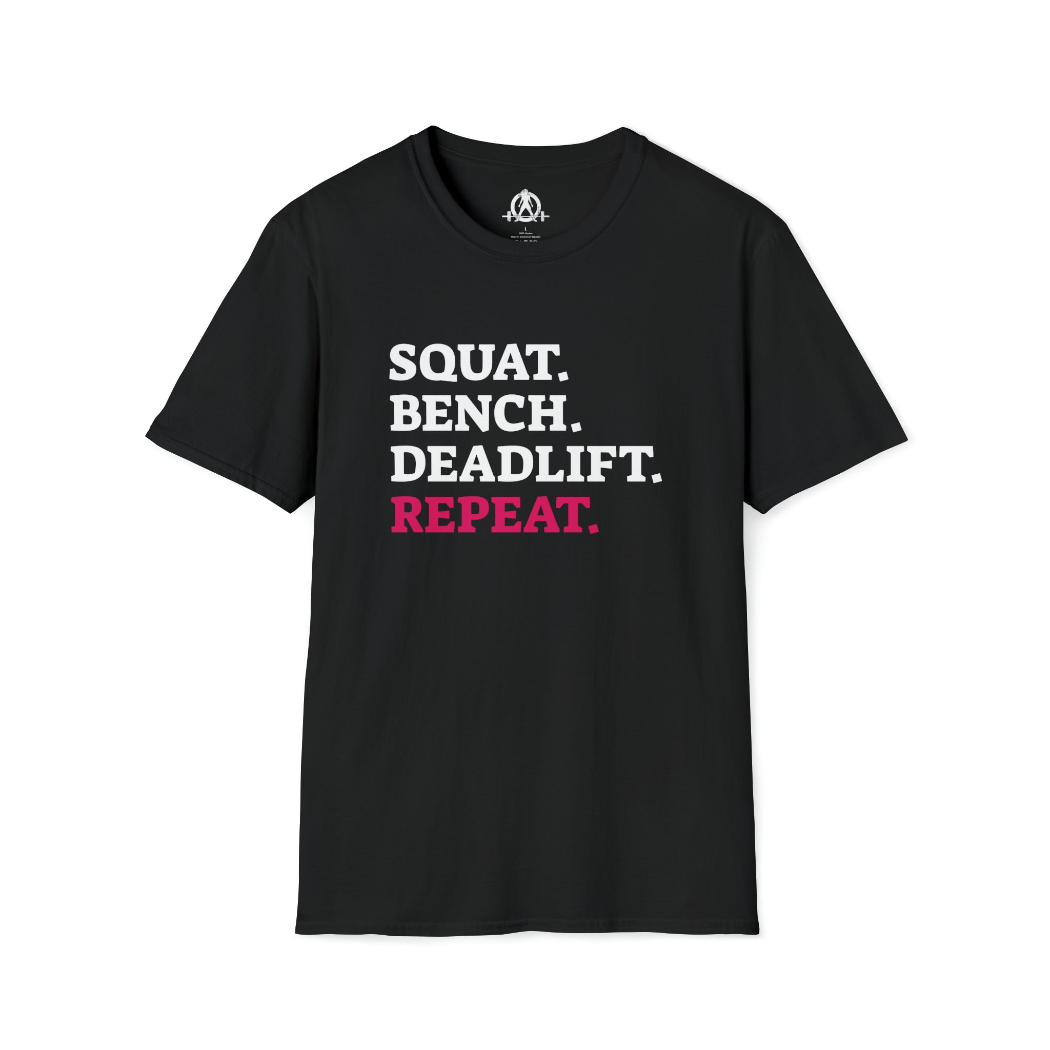 Squat Bench Deadlift Repeat - Unisex Softstyle T-Shirt - Black & Pink - Plain Back