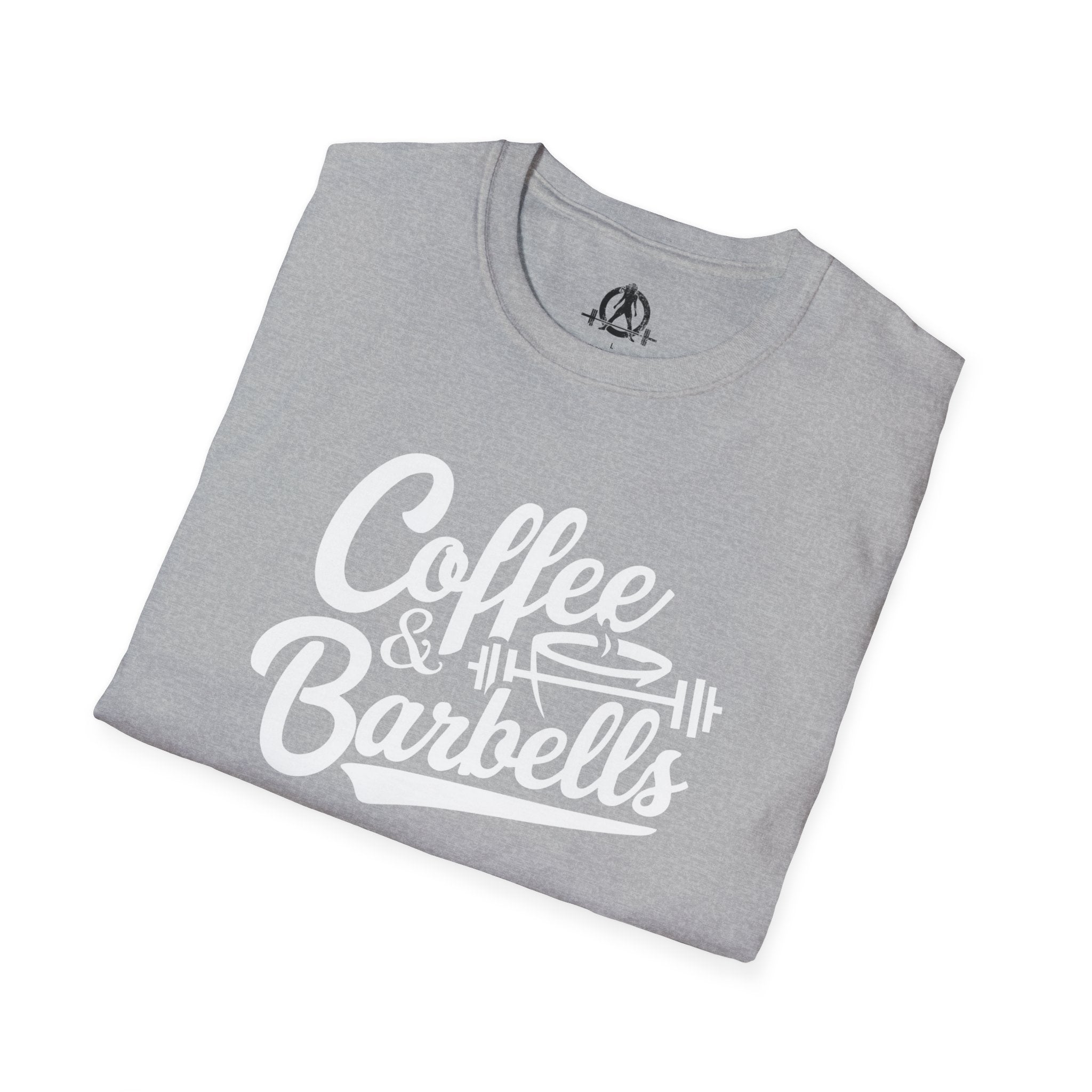 Coffee & Barbells - Unisex Softstyle T-Shirt - White Print on Front Plain Back