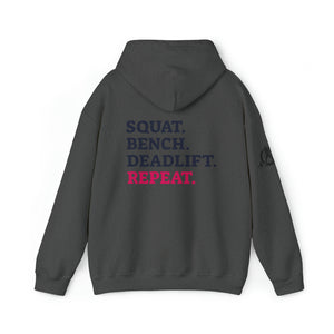 Squat Bench Deadlift Repeat - Unisex Heavy Blend Hooded Sweatshirt - Dark Black Logo - Pink - SBDR on BACK