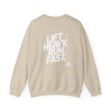 Lift Heavy Run Fast - Unisex Heavy Blend™ Crewneck Sweatshirt - White Logo Front & Back