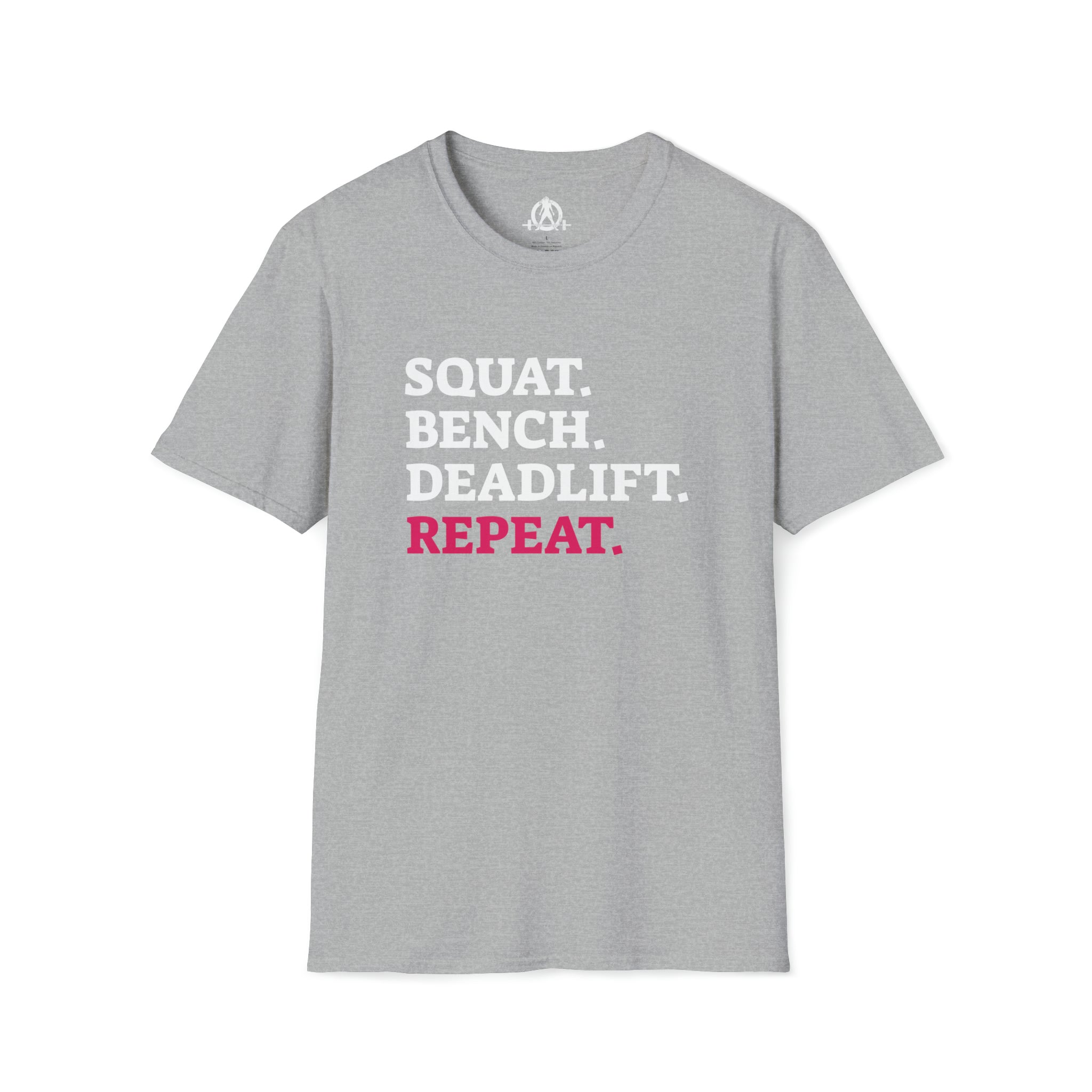 Squat Bench Deadlift Repeat - Unisex Softstyle T-Shirt - Black & Pink - Plain Back