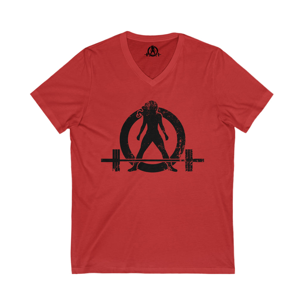 Unisex Jersey Short Sleeve V-Neck Tee -  Distressed Black Logo