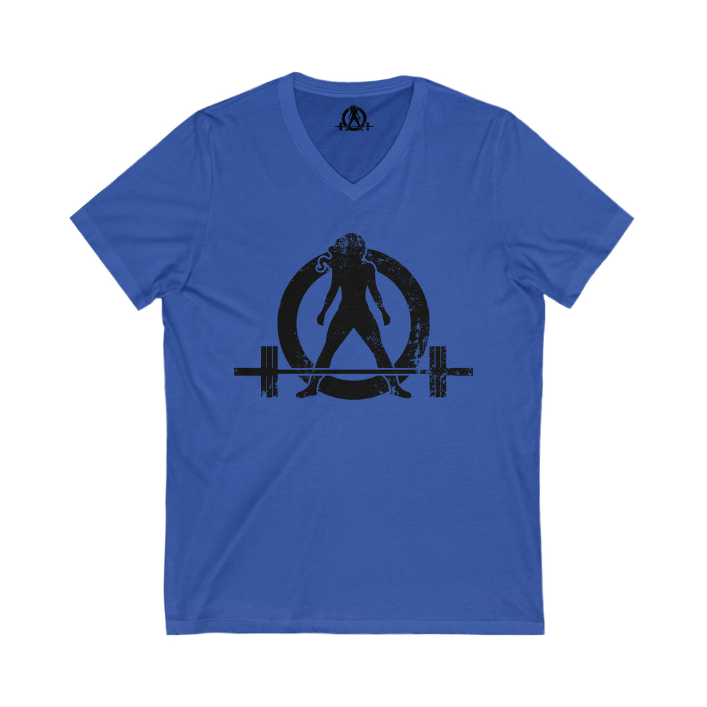 Unisex Jersey Short Sleeve V-Neck Tee -  Distressed Black Logo