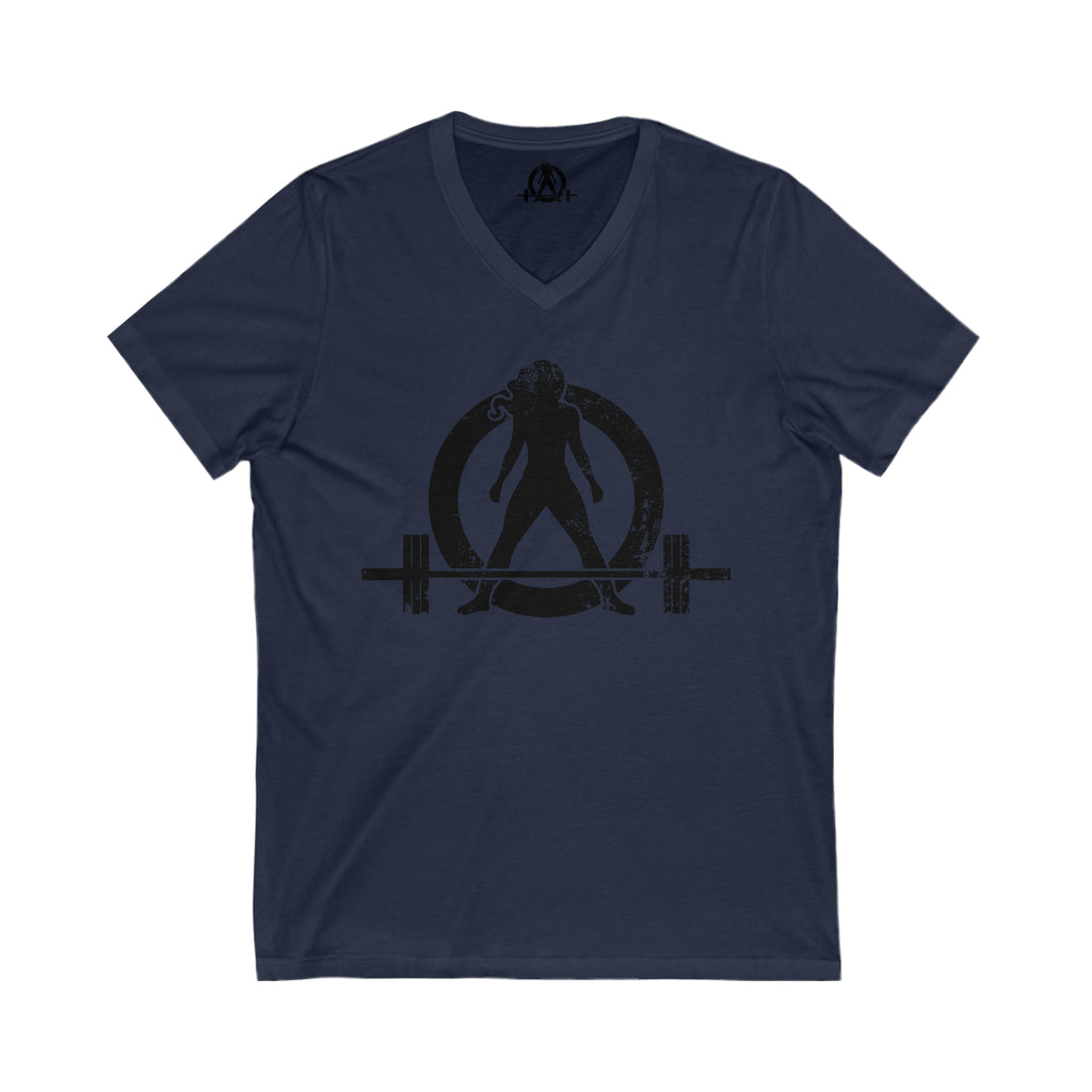 Unisex Jersey Short Sleeve V-Neck Tee -  Distressed Black Logo
