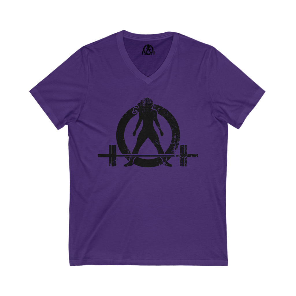 Unisex Jersey Short Sleeve V-Neck Tee -  Distressed Black Logo