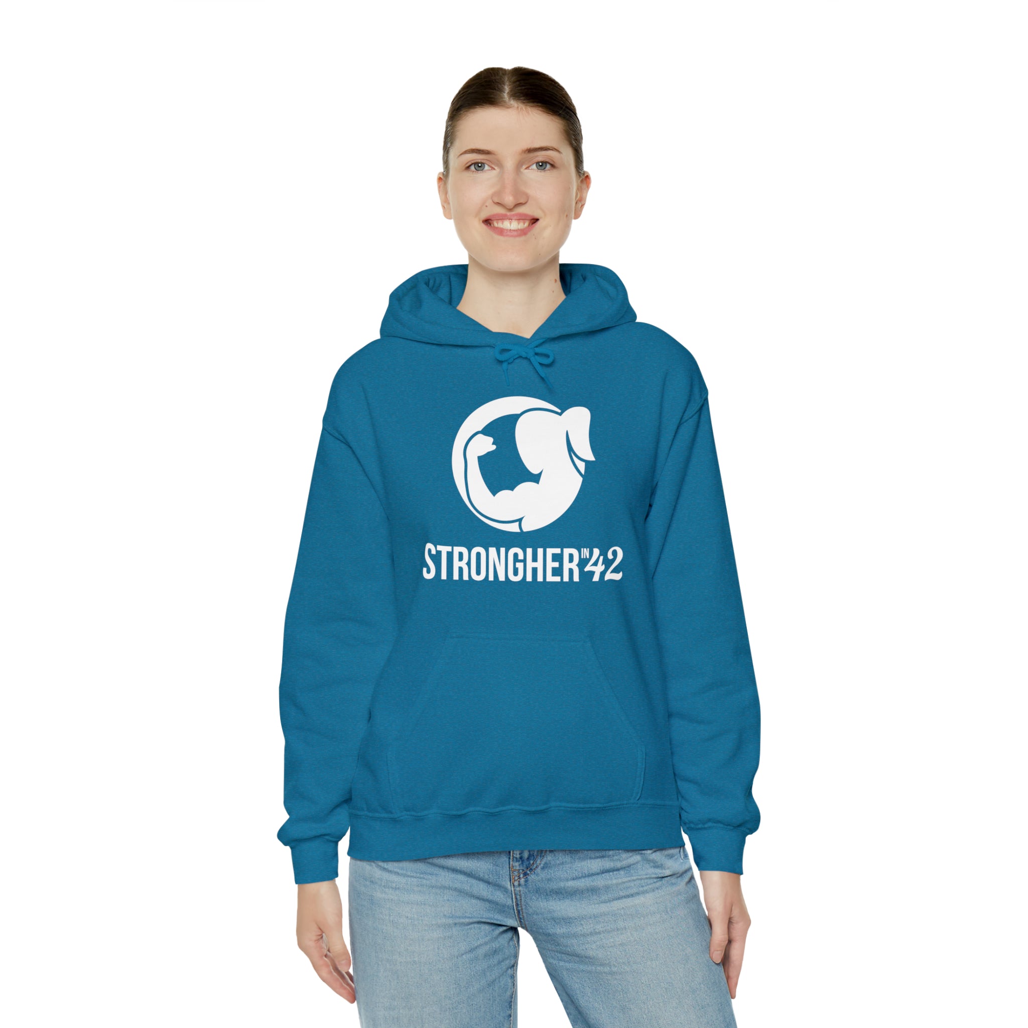 Strong Her in 42 - Classic Logo White - Unisex Heavy Blend Hooded Sweatshirt