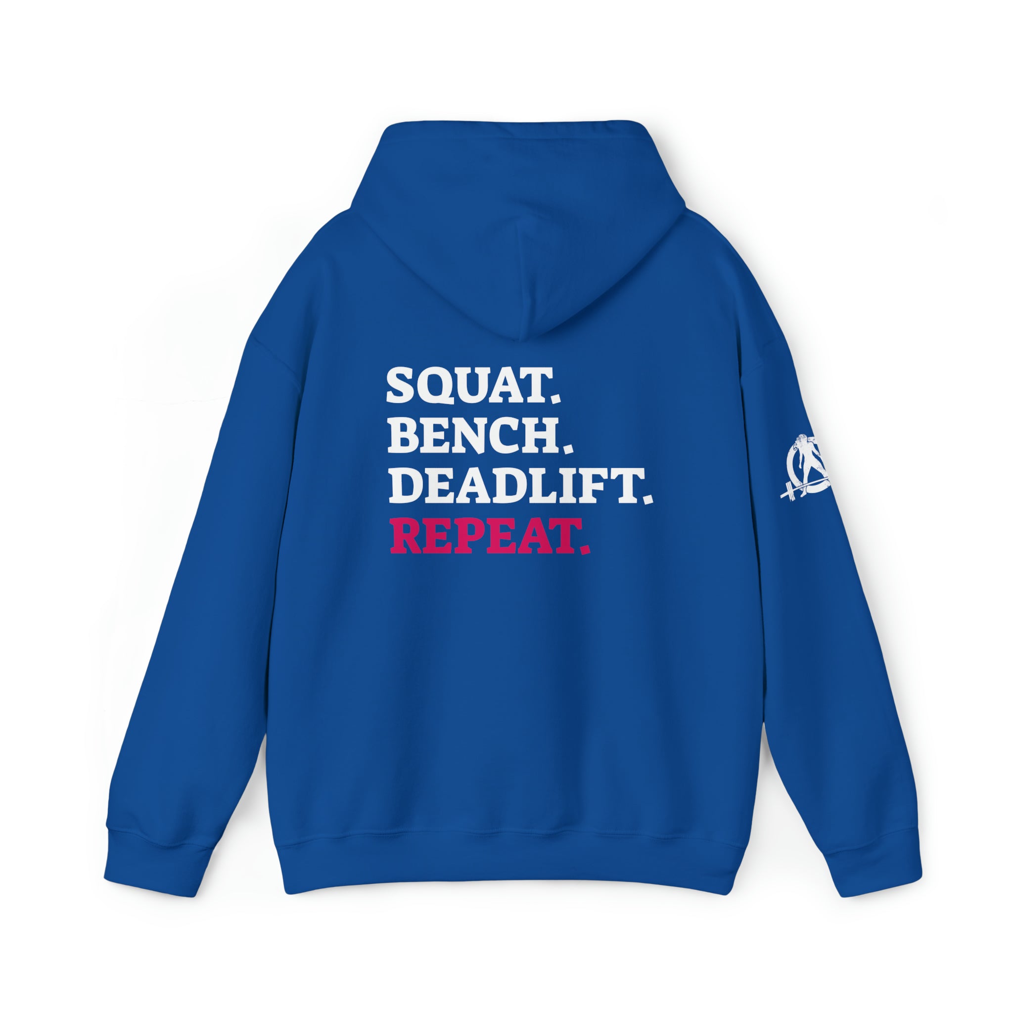 Squat Bench Deadlift Repeat - Unisex Heavy Blend Hooded Sweatshirt - Dark White Logo - Pink - SBDR on BACK
