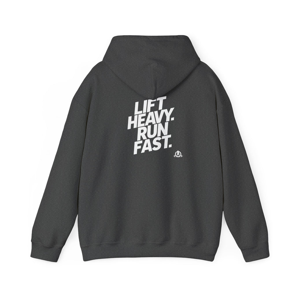 Lift Heavy Run Fast - Unisex Heavy Blend Hooded Sweatshirt - Front White & Back Logo