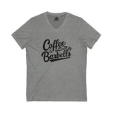 Coffee & Barbells - Unisex Jersey Short Sleeve V-Neck Tee - Black Logo Plain Back