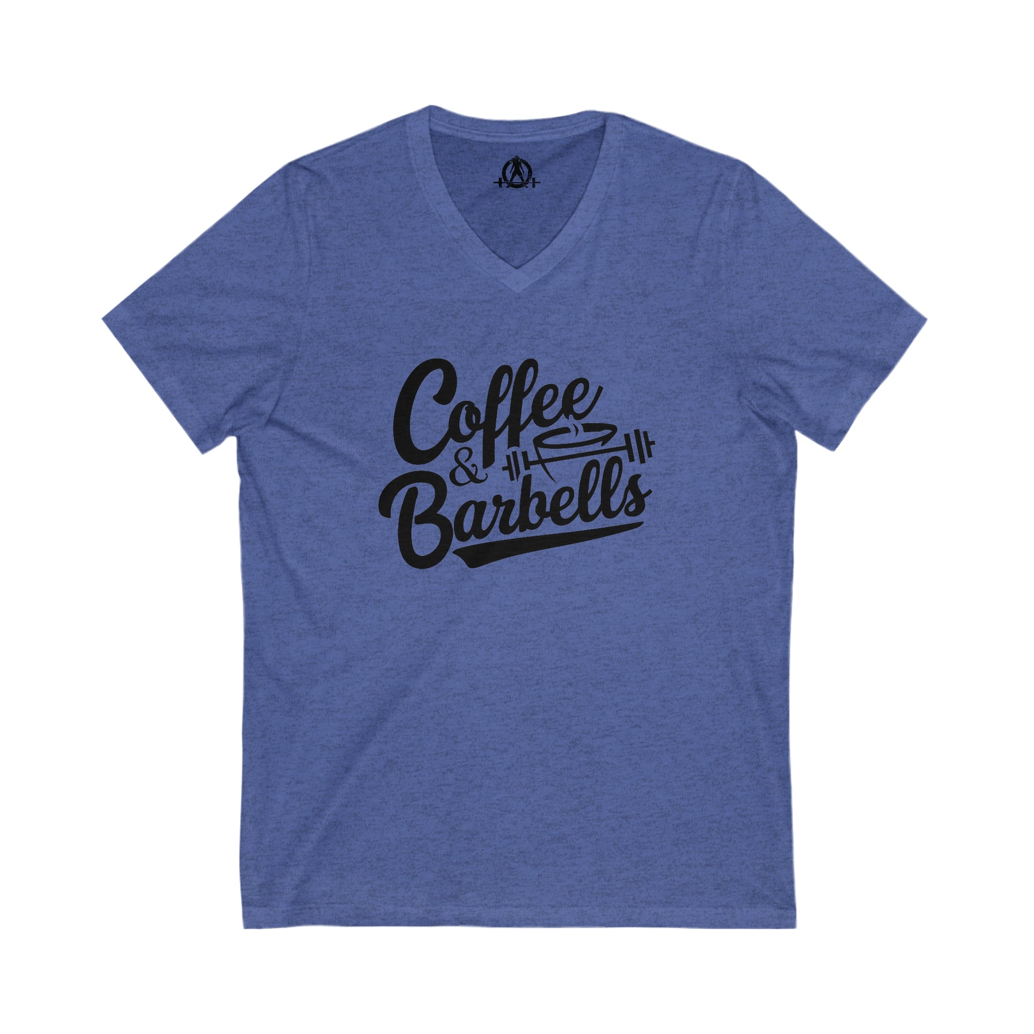 Coffee & Barbells - Unisex Jersey Short Sleeve V-Neck Tee - Black Logo Plain Back
