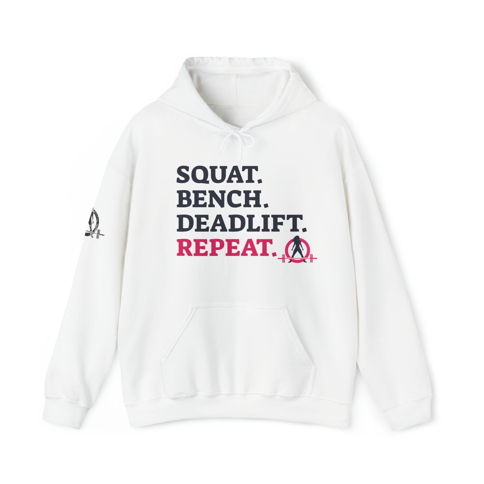 Squat Bench Deadlift Repeat - Unisex Heavy Blend Hooded Sweatshirt - Light WWLW Logo - Pink- Plain Black